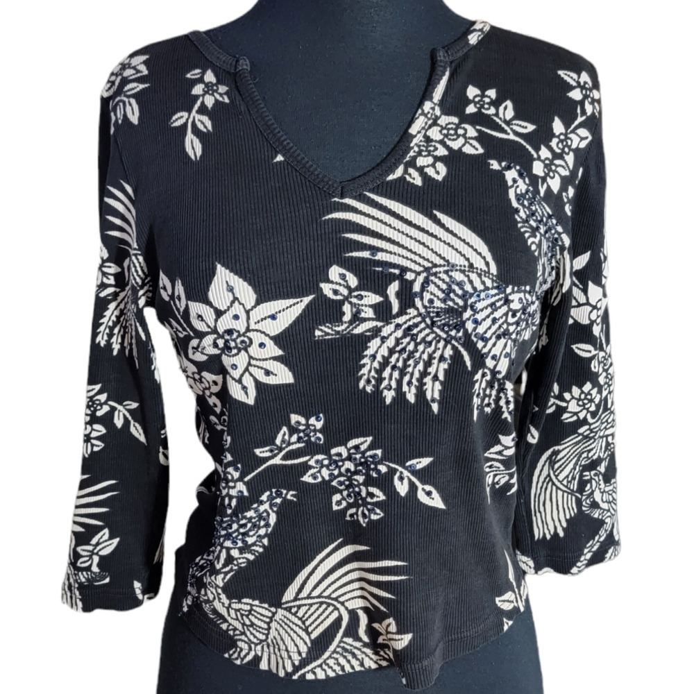 Chaudry floral blouse 3/4 sleeve black , white sz M